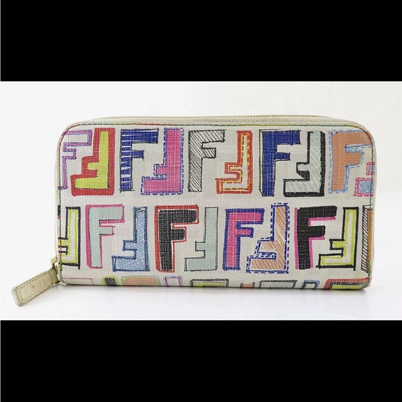SOLD❤️ FENDI Multicolor Zucca PVC Canvas Long Zippy Wallet White Logo RARE - Picture 3 of 13